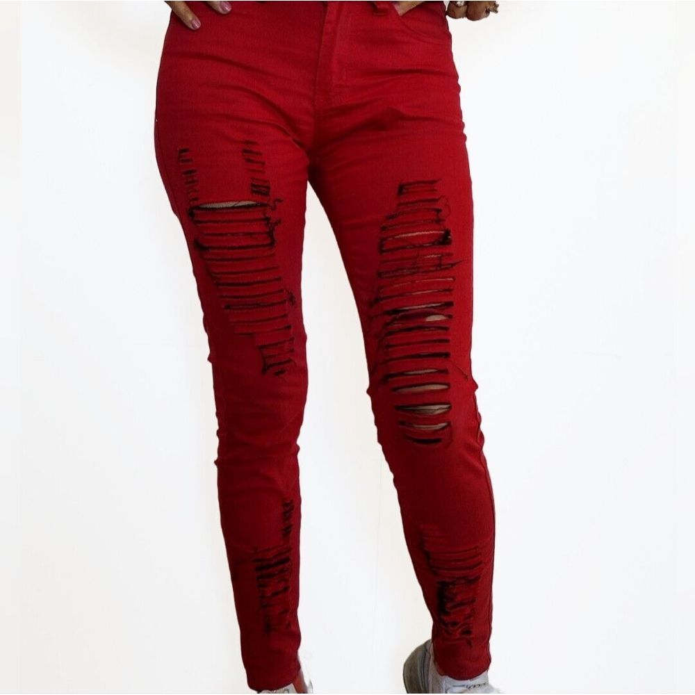 Ling Jeans Women Sm Red Distressed Skinny Mid Rise Dark Wash Vacation Travel